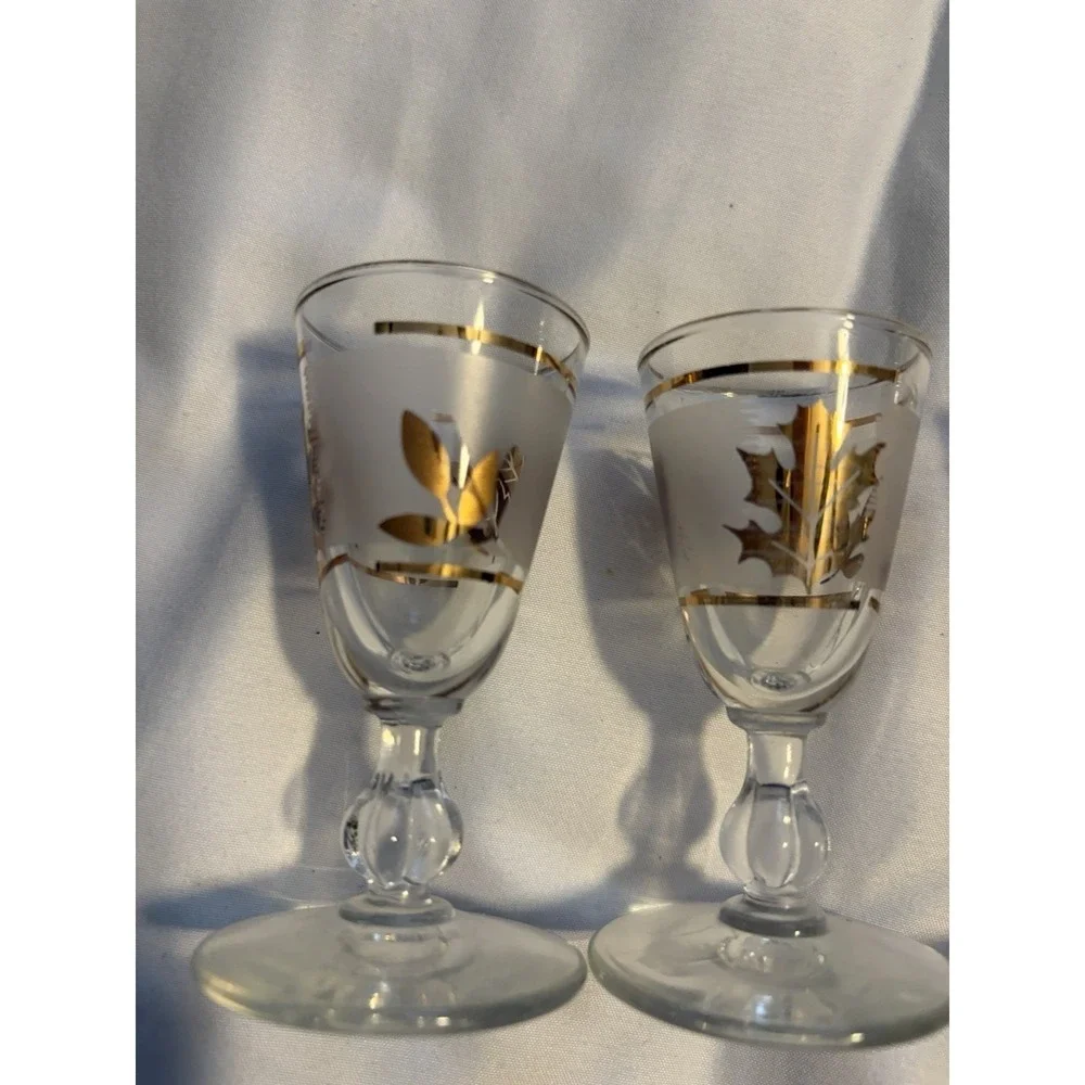 Libbey Shot Glasses Vintage Frosted Gold Leaf Design Clear Set of‎ 4